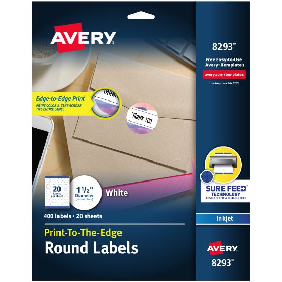 Picture of Avery Print-to-the-Edge Labels With Sure Feed Technology, 8293, Round, 1-1/2in, Pack Of 400 Labels