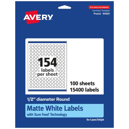 Picture of Avery Permanent Labels With Sure Feed, 94503-WMP100, Round, 1/2in Diameter, White, Pack Of 15,400