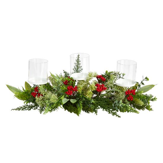 Picture of Nearly Natural 5inH Holiday Winter Greenery And Berries Triple Candle Holder Artificial Christmas Table Arrangement, 5inH x 20inW x 4inD, Clear/Green/Red