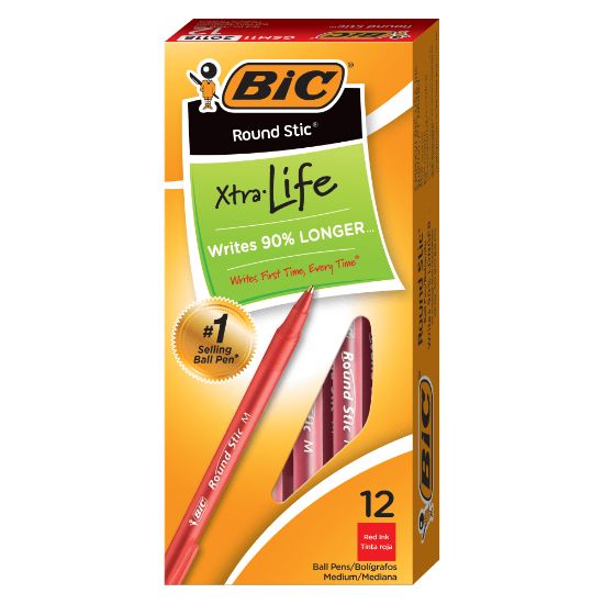 Picture of BIC Round Stic Ballpoint Pens, Medium Point, 1.0 mm, Translucent Barrel, Red Ink, Pack Of 12