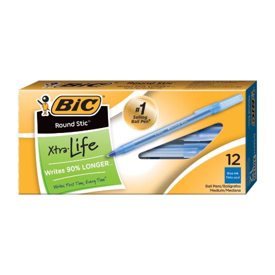 Picture of BIC Round Stic Ballpoint Pens, Medium Point, 1.0 mm, Translucent Barrel, Blue Ink, Pack Of 12