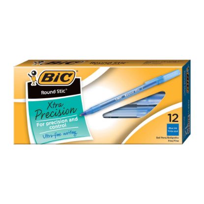 Picture of BIC Round Stic Ballpoint Pens, Fine Point, 0.8 mm, Translucent Barrel, Blue Ink, Pack Of 12