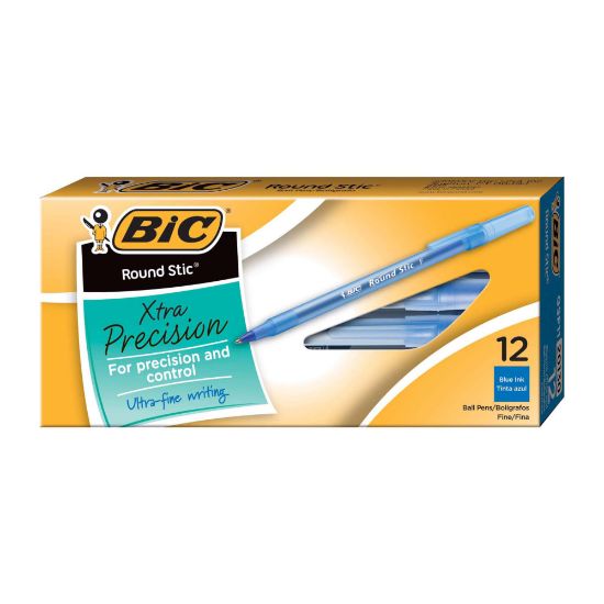 Picture of BIC Round Stic Ballpoint Pens, Fine Point, 0.8 mm, Translucent Barrel, Blue Ink, Pack Of 12