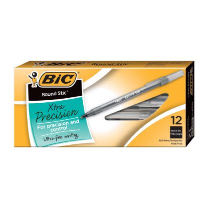 Picture of BIC Round Stic Ballpoint Pens, Fine Point, 0.8 mm, Translucent Barrel, Black Ink, Pack Of 12