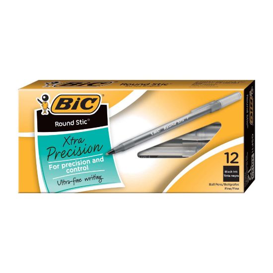 Picture of BIC Round Stic Ballpoint Pens, Fine Point, 0.8 mm, Translucent Barrel, Black Ink, Pack Of 12