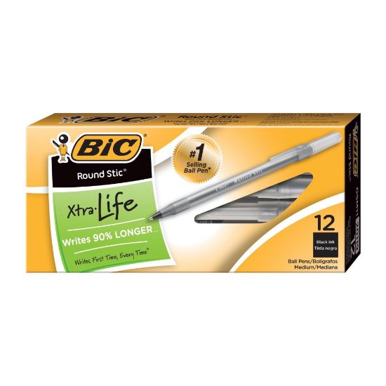 Picture of BIC Round Stic Ballpoint Pens, Medium Point, 1.0 mm, Translucent Barrel, Black Ink, Pack Of 12