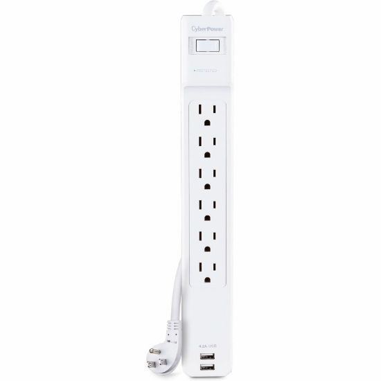 Picture of CyberPower CSP606U42A Professional 6 - Outlet Surge with 900 J - Clamping Voltage 500V, 6 ft, NEMA 5-15P, Right Angle - 45 deg. Offset, 15 Amp, 2 - 4.2 Amps (Shared) USB, White, RG6 Coaxial Protection, Lifetime Warranty