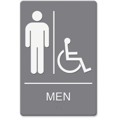 Picture of Headline U.S. Stamp & Sign Men/Wheelchair Image Indoor Sign - 1 Each - English - mens restroom/wheelchair accessible Print/Message - 6in Width x 9in Height - Rectangular Shape - Wall Mountable, Door-mountable - Double Sided - Plastic - Indoor - Gray, Whit