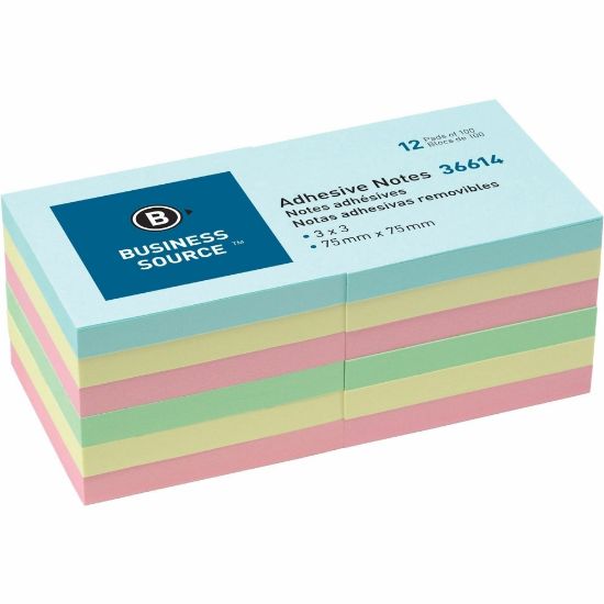 Picture of Business Source 3in Plain Pastel Colors Adhesive Notes - 100 - 3in x 3in - Square - Assorted - Repositionable, Solvent-free Adhesive - 12 / Pack