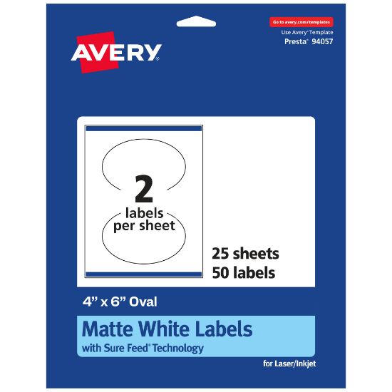 Picture of Avery Permanent Labels With Sure Feed, 94057-WMP25, Oval, 4in x 6in, White, Pack Of 50