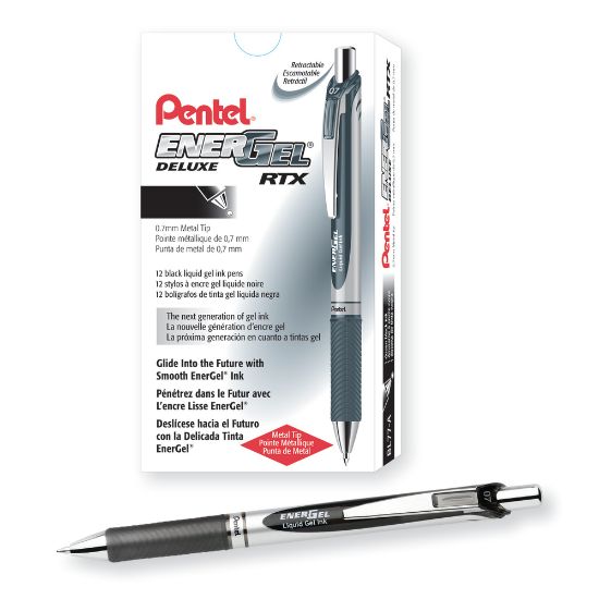 Picture of Pentel EnerGel Retractable Liquid Gel Pens, Medium Point, 0.7 mm, Silver Barrel, Black Ink, Pack Of 12