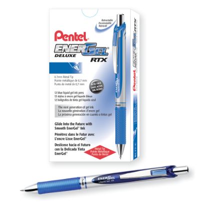 Picture of Pentel EnerGel Retractable Liquid Gel Pens, Medium Point, 0.7 mm, Silver Barrel, Blue Ink, Pack Of 12