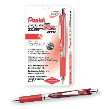 Picture of Pentel EnerGel Retractable Liquid Gel Pens, Medium Point, 0.7 mm, Silver Barrel, Red Ink, Pack Of 12