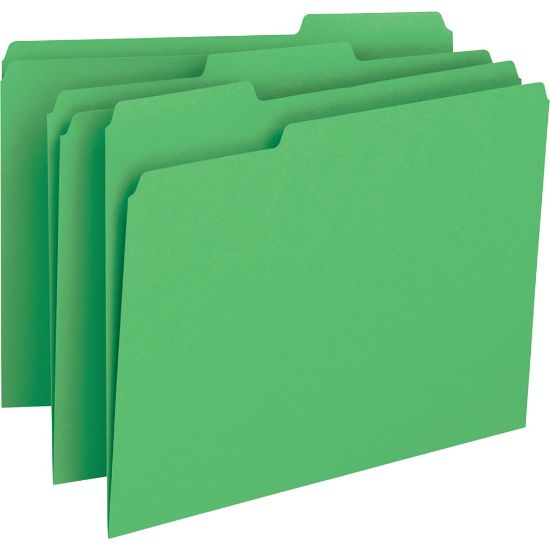 Picture of Business Source 1/3 Tab Cut Letter Top Tab File Folders - 8 1/2in x 11in - Assorted Tab Position - Green - 100 / Box