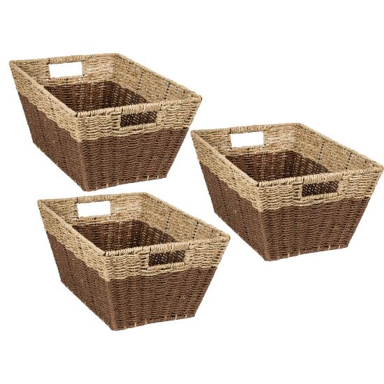 Picture of Honey-Can-Do Rectangle Nesting Seagrass 2-Color Baskets With Built-In Handles, Medium Size, Natural/Brown, Set Of 3