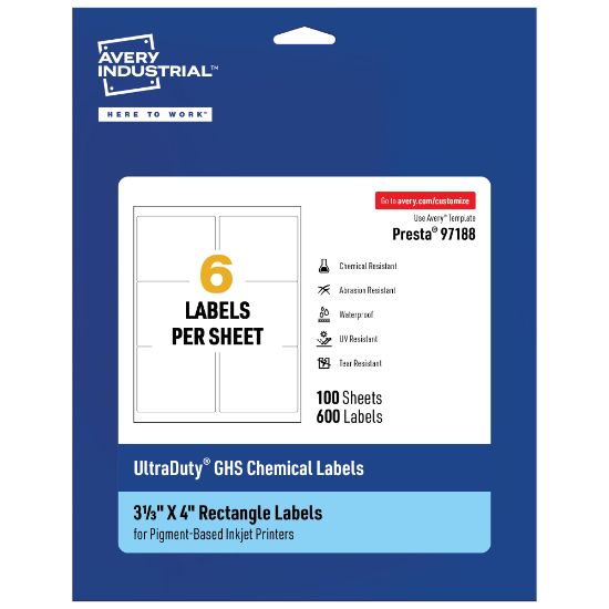 Picture of Avery Ultra Duty Permanent GHS Chemical Labels, 97188-WMUI100, Rectangle, 3-1/3in x 4in, White, Pack Of 600