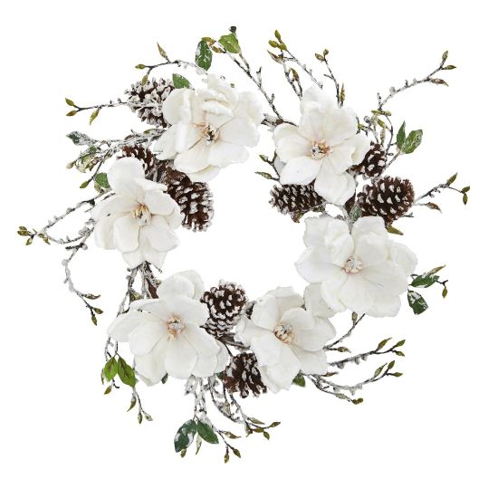 Picture of Nearly Natural 24inH Snowed Magnolia And Pine Cone Wreath, 24in x 3in, White