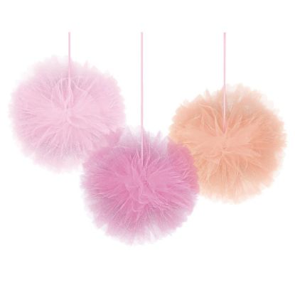 Picture of Amscan Oh Baby Girl Deluxe Fluffy Decorations, 12in x 12in, Pink, Pack Of 3 Decorations