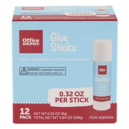 Picture of Office Depot Brand Glue Sticks, 0.32 Oz, Clear, Pack Of 12 Glue Sticks