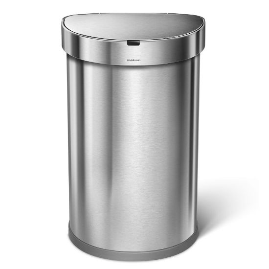 Picture of simplehuman Semi-Round Sensor Stainless-Steel Trash Can With Liner Pocket, 12 Gallons, 25-1/4inH x 15-7/16inW x 12-13/16inD, Brushed Stainless Steel