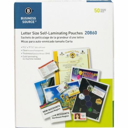 Picture of Business Source Laminating Document Pouches - Laminating Pouch/Sheet Size: 9in Width x 11.50in Length x 8 mil Thickness - for Document, ID Badge, Photo, Recipe - Pre-trimmed - Clear - 50 / Box