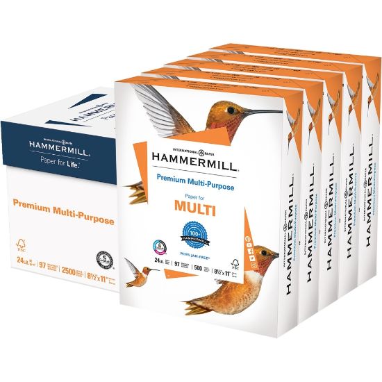 Picture of Hammermill Premium Multi-Use Printer & Copy Paper, 5 Reams, White, Letter (8.5in x 11in), 2500 Sheets Per Case, 24 Lb, 97 Brightness