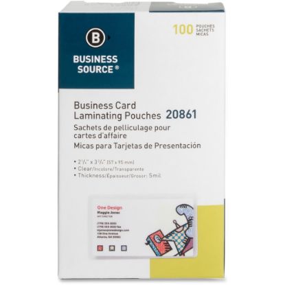 Picture of Business Source 5 mil Business Card Laminating Pouches - Laminating Pouch/Sheet Size: 2.25in Width x 3.75in Length x 5 mil Thickness - for Business Card - Pre-trimmed, Moisture Resistant, Fade Resistant - Clear - 100 / Box