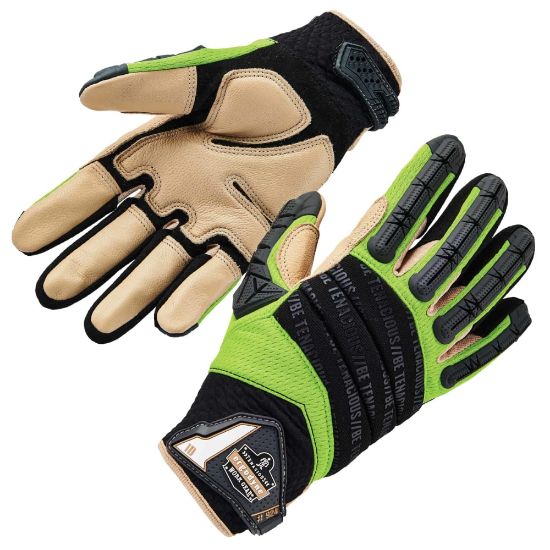 Picture of Ergodyne ProFlex 924LTR Leather-Reinforced Hybrid Dorsal Impact-Reducing Gloves, Extra Large, Lime