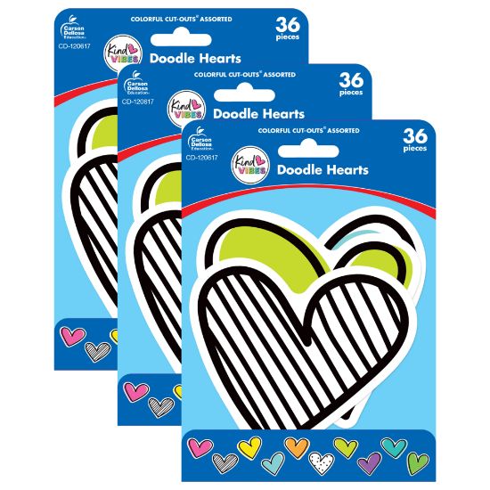 Picture of Carson Dellosa Education Cut-Outs, Kind Vibes Doodle Hearts, 36 Cut-Outs Per Pack, Set Of 3 Packs