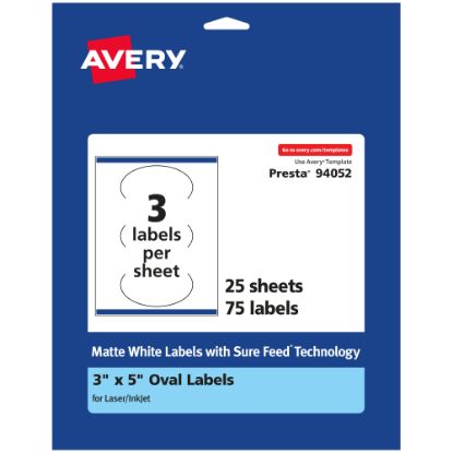 Picture of Avery Permanent Labels With Sure Feed, 94052-WMP25, Oval, 3in x 5in, White, Pack Of 75