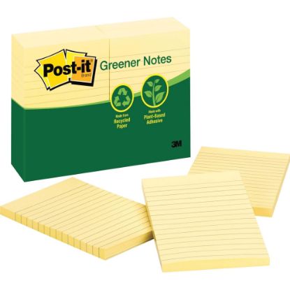 Picture of Post-it Greener Notes, 4 in x 6 in, Canary Yellow, Lined - 1200 - 4in x 6in - Rectangle - 100 Sheets per Pad - Ruled - Canary Yellow - Paper - Self-adhesive, Repositionable - 12 / Pack