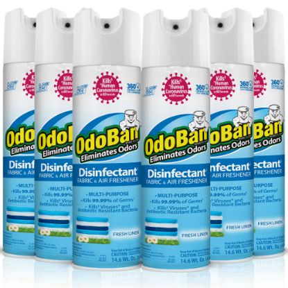 Picture of OdoBan Odor Eliminator Disinfectant 360 deg. Spray, Fresh Linen, 14.6 Oz, Pack Of 6 Bottles