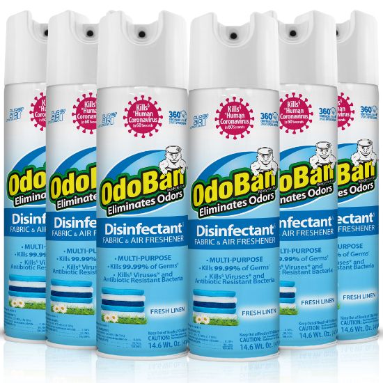 Picture of OdoBan Odor Eliminator Disinfectant 360 deg. Spray, Fresh Linen, 14.6 Oz, Pack Of 6 Bottles