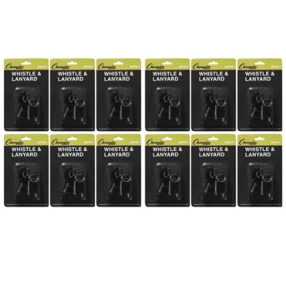 Picture of Champion Sports Plastic Whistle & Lanyard Packs, 13/16inH x 13/16inW x 2inD, Black, Set Of 12 Packs