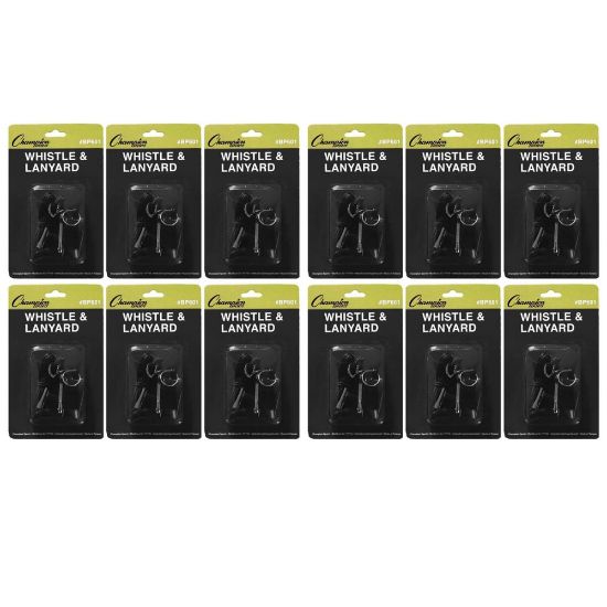 Picture of Champion Sports Plastic Whistle & Lanyard Packs, 13/16inH x 13/16inW x 2inD, Black, Set Of 12 Packs