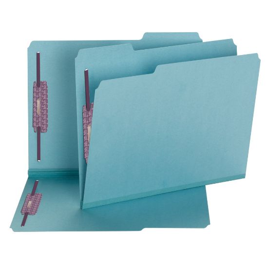 Picture of Smead Color Pressboard Fastener Folders With SafeSHIELD Coated Fasteners, Letter Size, 1/3 Cut, Blue, Box Of 25