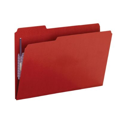 Picture of Smead Color Pressboard Fastener Folders With SafeSHIELD Coated Fasteners, Legal Size, 1/3 Cut, 100% Recycled, Bright Red, Box Of 25