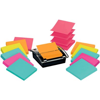 Picture of Post-it Super Sticky Pop Up Notes with Black Dispenser, 3 in x 3 in, 12 Pads, 90 Sheets/Pad, 2x the Sticking Power, Back to School Supplies for Students, Sticky Notes for Textbooks and Notebooks, Assorted Colors