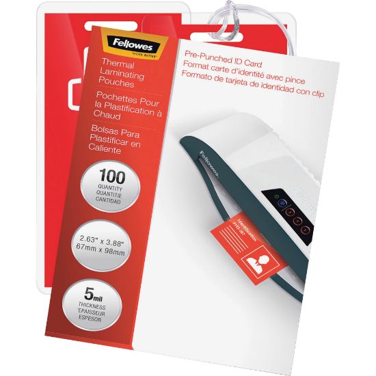 Picture of Fellowes Punched ID Card Glossy Thermal Laminating Pouches - Laminating Pouch/Sheet Size: 3.88in Width x 5 mil Thickness - Glossy - for Document, ID Badge, ID Card - Durable, Pre-punched - Clear - 100 / Pack