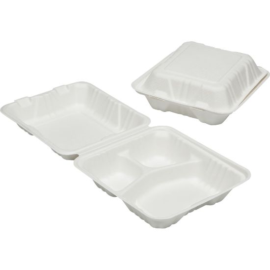 Picture of SKILCRAFT 3-Compartment Hinged Lid Tray - Microwave Safe - White - Wood Pulp Body - 200 / Carton - TAA Compliant