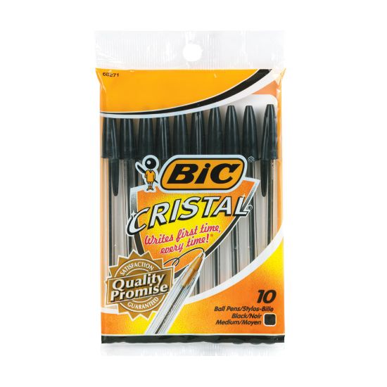 Picture of BIC Cristal Ball Pens, Medium Point, Translucent Barrel, Black Ink, Pack Of 10 Pens