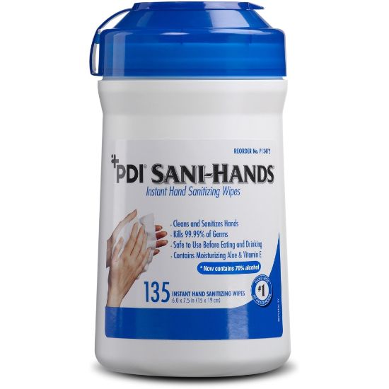 Picture of PDI Sani-Hands Instant Hand Sanitizing Wipes - 6in x 7.50in - White - 135 Per Canister - 1 Each