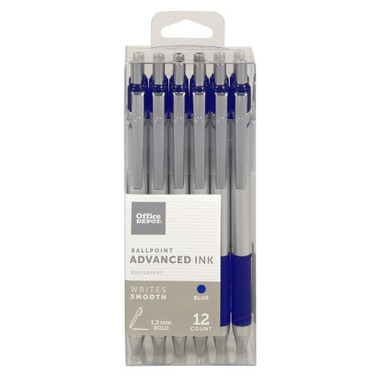 Picture of Office Depot Brand Advanced Ink Retractable Ballpoint Pens, Bold Point, 1.2 mm, Silver Barrel, Blue Ink, Pack Of 12