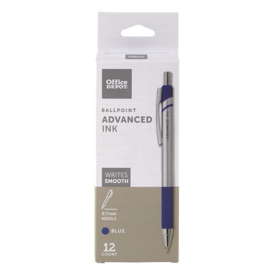 Picture of Office Depot Brand Advanced Ink Retractable Ballpoint Pens, Needle Point, 0.7 mm, Silver Barrel, Blue Ink, Pack Of 12