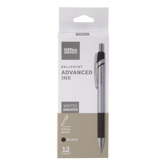 Picture of Office Depot Brand Advanced Ink Retractable Ballpoint Pens, Needle Point, 0.7 mm, Silver Barrel, Black Ink, Pack Of 12