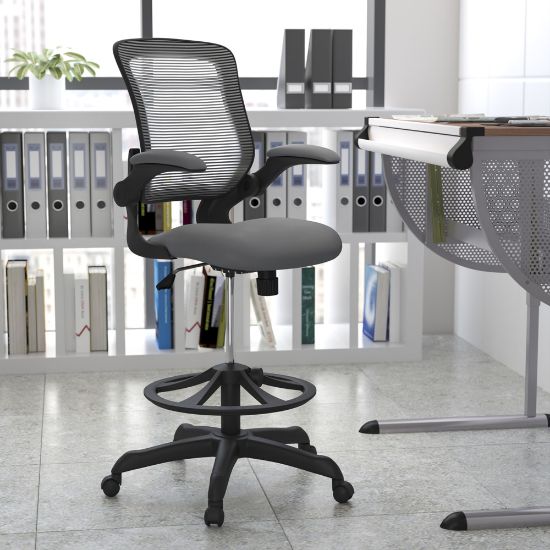 Picture of Flash Furniture Mid Back Mesh Ergonomic Drafting Chair with Adjustable Foot Ring and Flip-Up Arms, Dark Gray