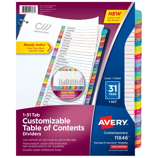 Picture of Avery Ready Index 1-31 Tab With Customizable Table Of Contents Binder Dividers, 8-1/2in x 11in, 31 Tab, White/Multicolor, 1 Set