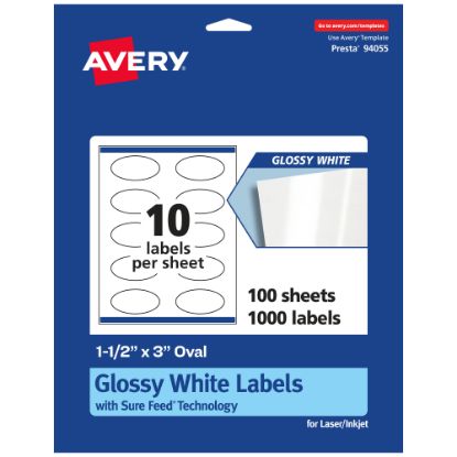 Picture of Avery Glossy Permanent Labels With Sure Feed, 94055-WGP100, Oval, 1-1/2in x 3in, White, Pack Of 1,000