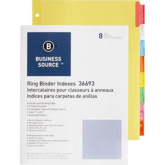 Picture of Business Source Insertable Tab Ring Binder Indexes - 8 Blank Tab(s)1.50in Tab Width - 8.5in Divider Width x 11in Divider Length - Letter - 3 Hole Punched - Multicolor Tab(s) - 400 / Box