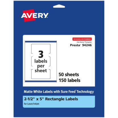 Picture of Avery Permanent Labels With Sure Feed, 94246-WMP50, Rectangle, 2-1/2in x 5in, White, Pack Of 150